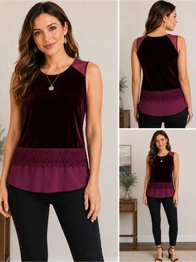 Artisan Burgundy Velvet Chiffon Lace Trim Tunic Top Large